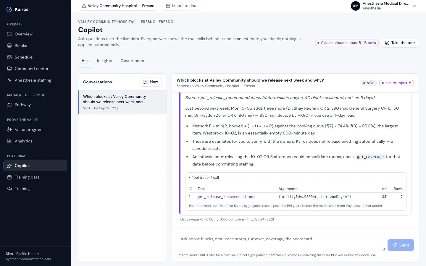 The end of the same answer: the method (expected utilization against the booking curve), a note that these are estimates to verify with the owners and that Kairos releases nothing automatically, and an expanded tool trace showing one call to get_release_recommendations with its arguments, 341 milliseconds and 7 rows, plus the model and token counts.