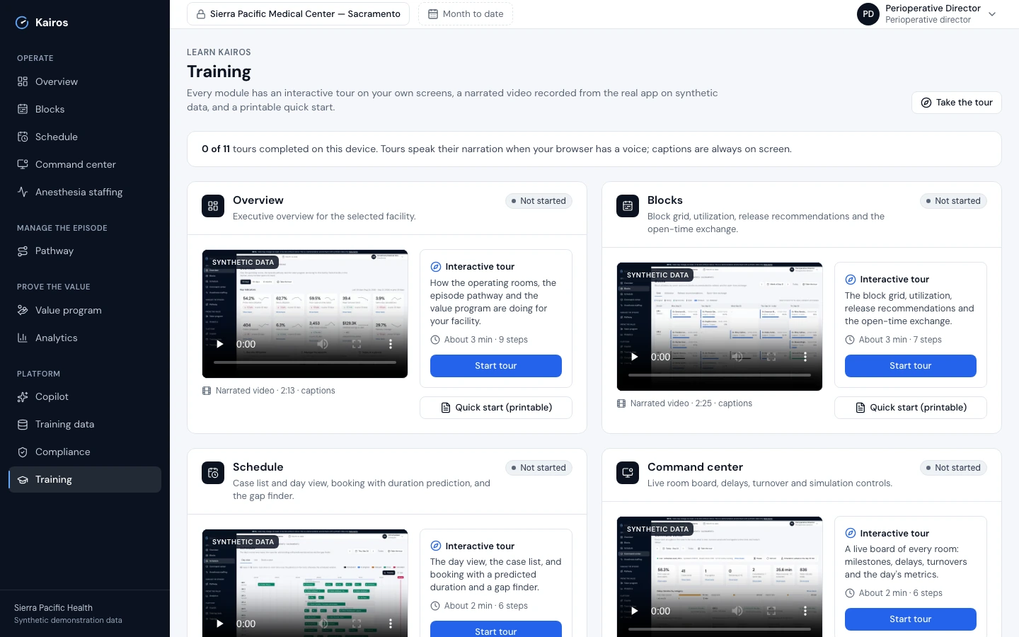 The Training hub: every module has an interactive tour on the user's own screens, a narrated video recorded from the real app on synthetic data, and a printable quick start; cards for Overview, Blocks, Schedule and Command center with video players, tour length and steps, and Start tour buttons.